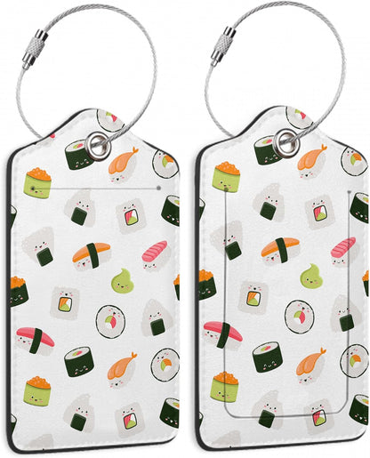 2 Pack Luggage Tags for Suitcase,Cute Funny Japanese Sushi Leather Luggage Tag Bag Tags Identifiers Privacy Cover Id Label with Steel Loop for Women Men Girls Boys Travel
