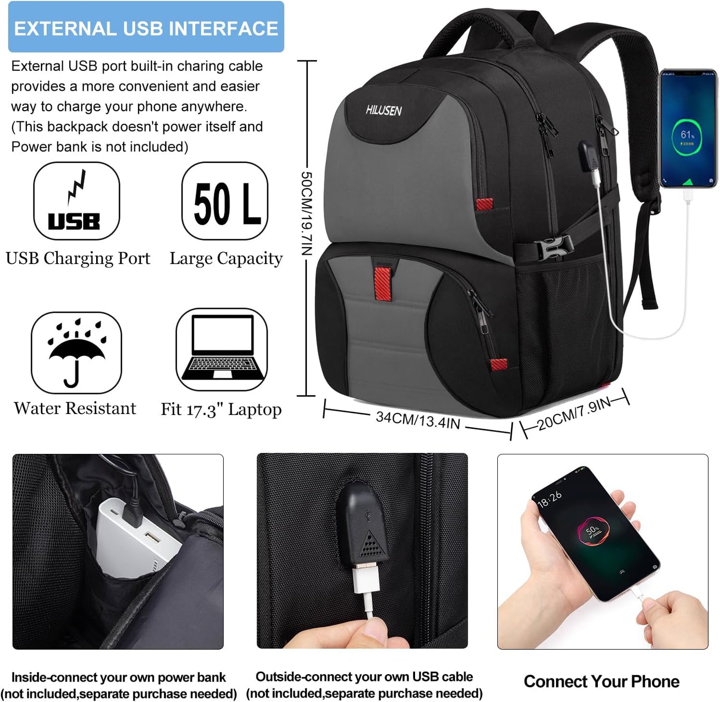 Lunch Bag Backpack, Insulated Cooler Lunch Box Backpack, Extra Large 17inch Travel Laptop Backpack 50L with USB Charging Port, Water Resistant Big work Backpack for Men Women , Grey