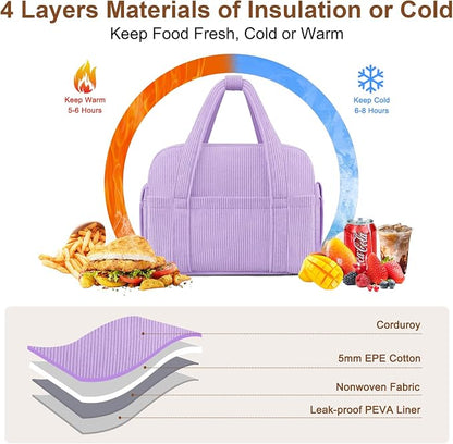 Corduroy Lunch Box Lunch Bag for Women Men, Cute Strawberry Small Insulated - Image 3