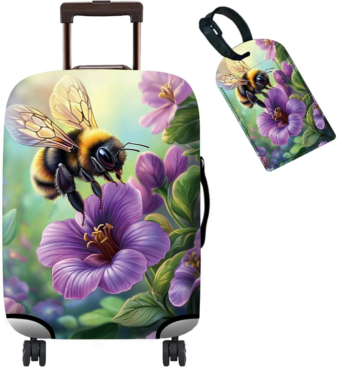 Luggage Cover + Tag, Bee Purple Flowers Travel Suitcase Cover for 18-20 inch Luggage (S) with Concealed Zipper, Washable Elastic Cloth, Dustproof, Anti-Scratch