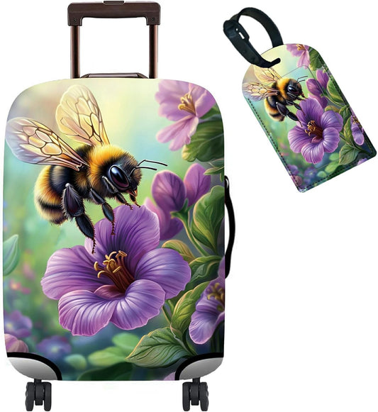 Luggage Cover + Tag, Bee Purple Flowers Travel Suitcase Cover for 18-20 inch Luggage (S) with Concealed Zipper, Washable Elastic Cloth, Dustproof, Anti-Scratch