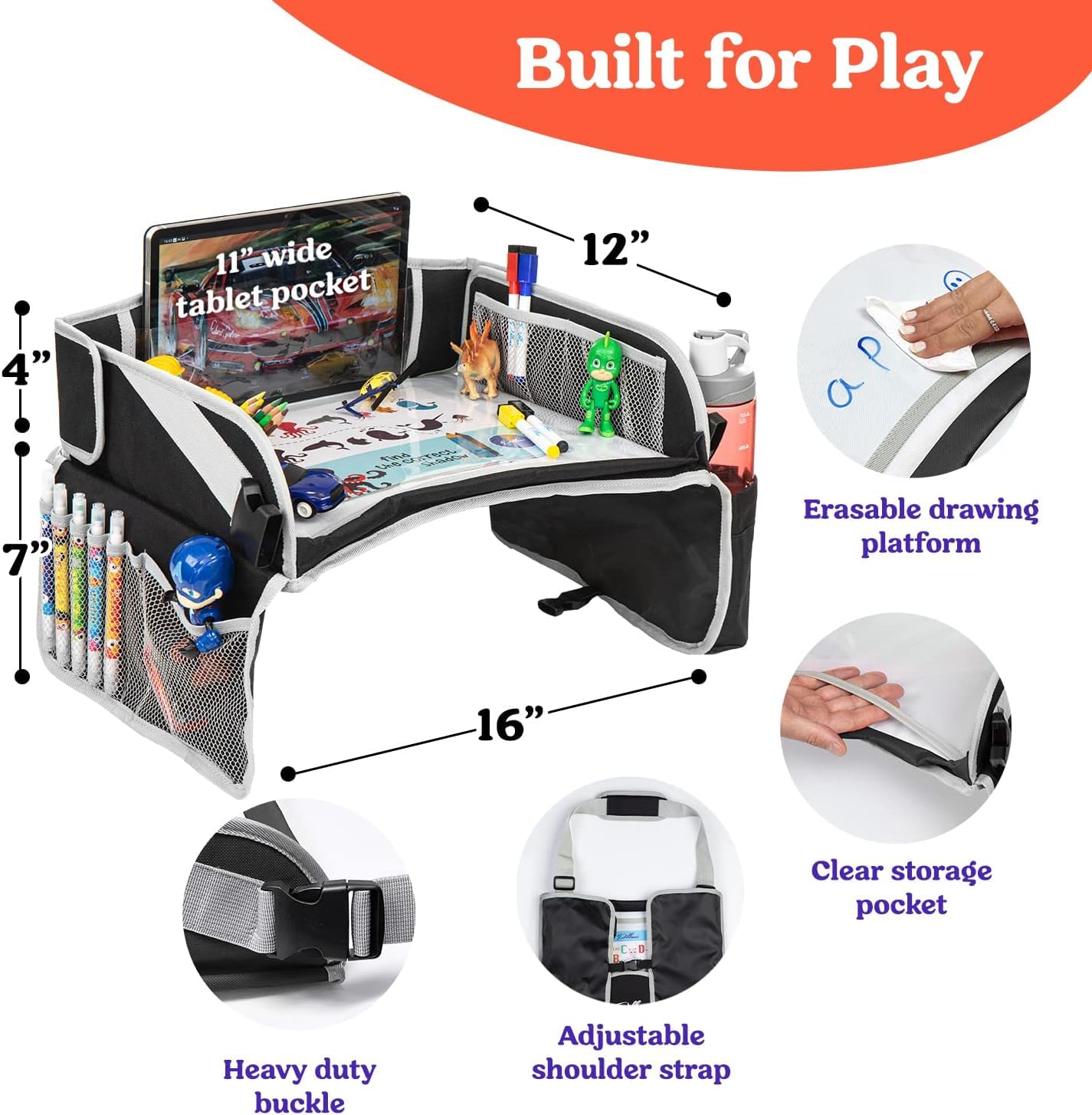 PILLANI Kids Travel Tray for Car - Car Seat Tray for Kids, Road Trip Essentials Must Haves - Carseat Table Roadtrip Activities - Toddler Lap Desk Organizer for Airplane - Travel Essentials - Pack of 2