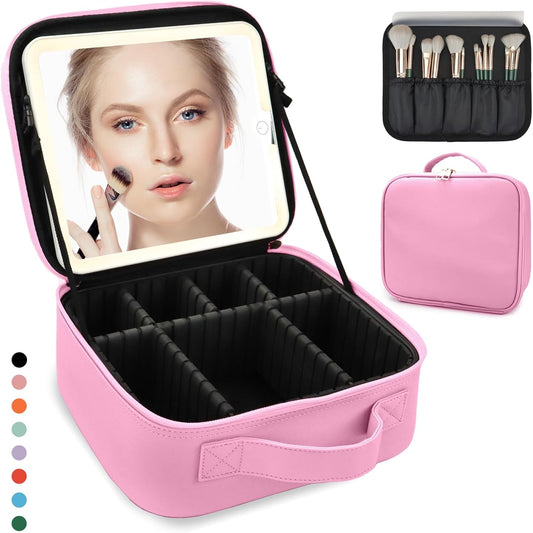 Travel Makeup Bag for Women and Makeup Artists Cosmetic Organizer Large Makeup Case,Travel Makeup Bag with Mirror 3 Color Setting,Portable Storage and Adjustable Dividers(Dark Pink)