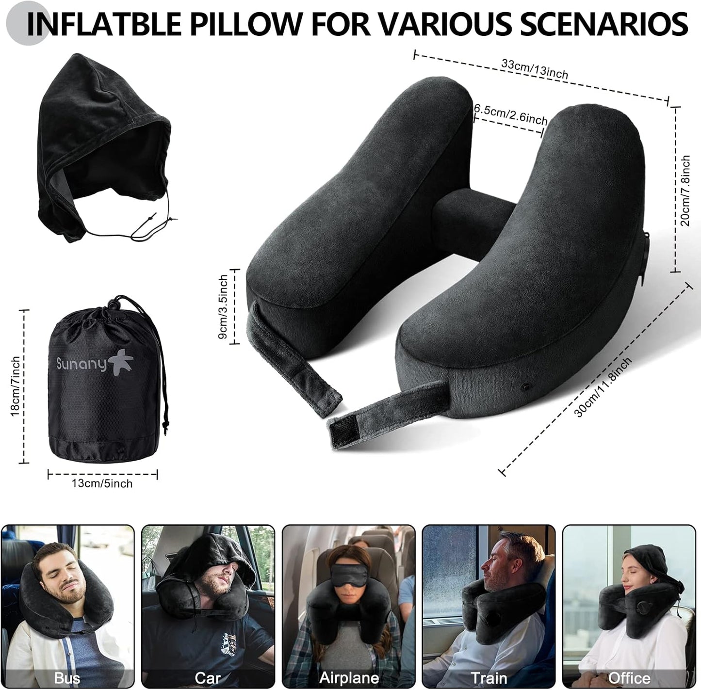 Neck Pillow for Travel Inflatable Airplane Pillow Comfortably Supports Head,Neck and Chin,Inflatable Travel Pillow with Soft Velour Cover,Hat,Portable Drawstring Bag (Black)