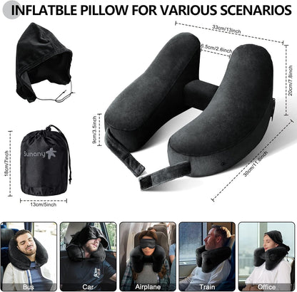 Neck Pillow for Travel Inflatable Airplane Pillow Comfortably Supports Head,Neck and Chin,Inflatable Travel Pillow with Soft Velour Cover,Hat,Portable Drawstring Bag (Black)