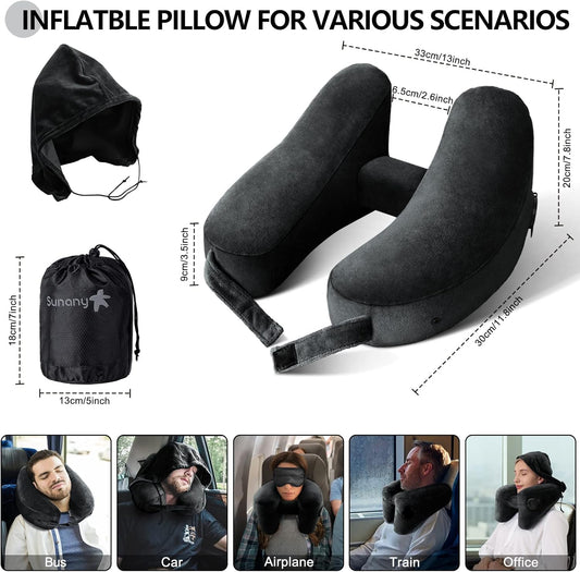 Neck Pillow for Travel Inflatable Airplane Pillow Comfortably Supports Head,Neck and Chin,Inflatable Travel Pillow with Soft Velour Cover,Hat,Portable Drawstring Bag (Black)