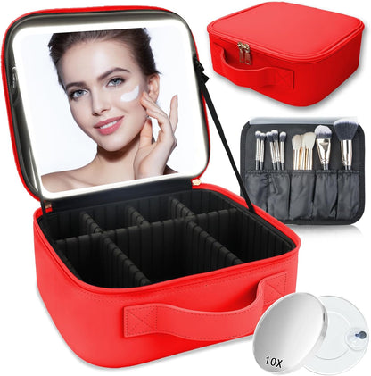 Makeup Bag with Led Mirror,Travel Makeup Organizer with 3 Color Setting & 10X Magnifying Mirror, Portable Storage and Adjustable Dividers Travel Makeup Bag-red
