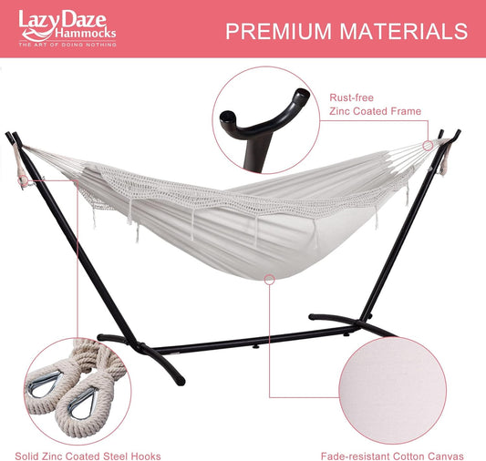Lazy Daze Hammocks 9FT Double Hammock with Sturdy Steel Stand and Durable Fabric, Camping Lace Hammocks Include Portable Carrying Case, 450 LBS Capacity