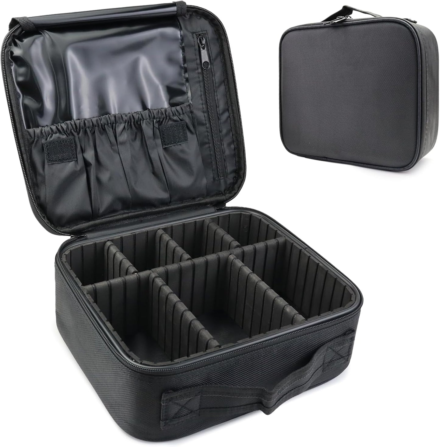 Travel Makeup Bag Makeup Cosmetic Train Case Organizer Portable Storage Bag with Adjustable Dividers for Cosmetics Makeup Brushes Toiletry Jewelry Black