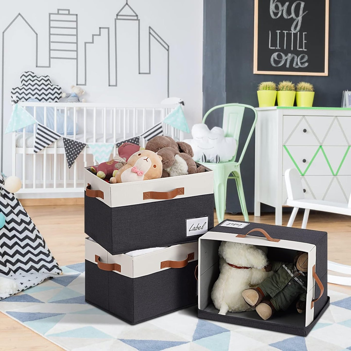 Large Storage Bins with Lids, Foldable Fabric Storage Baskets with Lids, Sturdy Storage Boxes with Labels and 3 PU Handles for Closet Home Bedroom Office (3 Packs, Black&White)