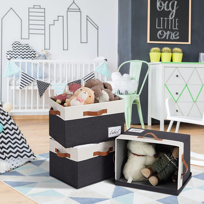 Large Storage Bins with Lids, Foldable Fabric Storage Baskets with Lids, Sturdy Storage Boxes with Labels and 3 PU Handles for Closet Home Bedroom Office (3 Packs, Black&White)