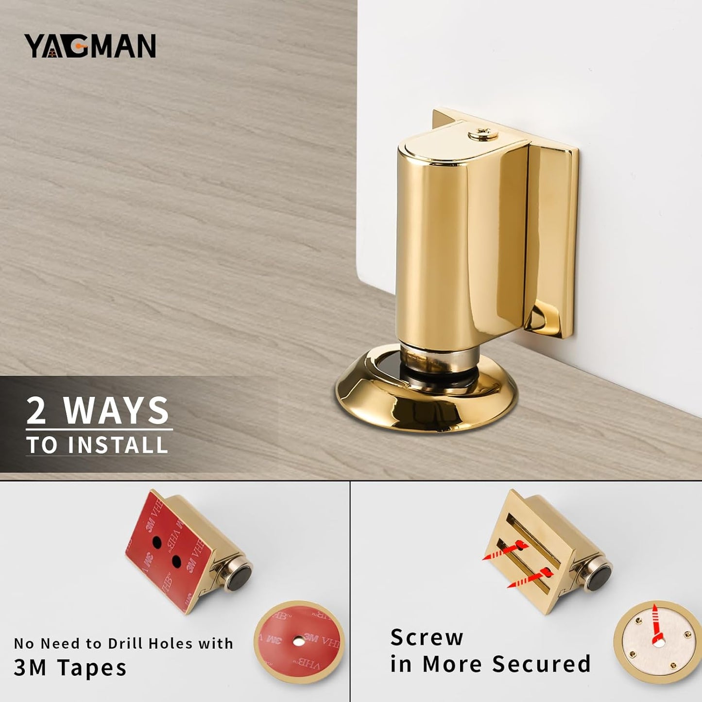 2 Pack Magnetic Door Stoppers Retractable Bottom of Door Holder No Drilling Mount Floor Door Stop with Screws and Adhesive Catch Door Keep Door Open Polished Gold PG-2