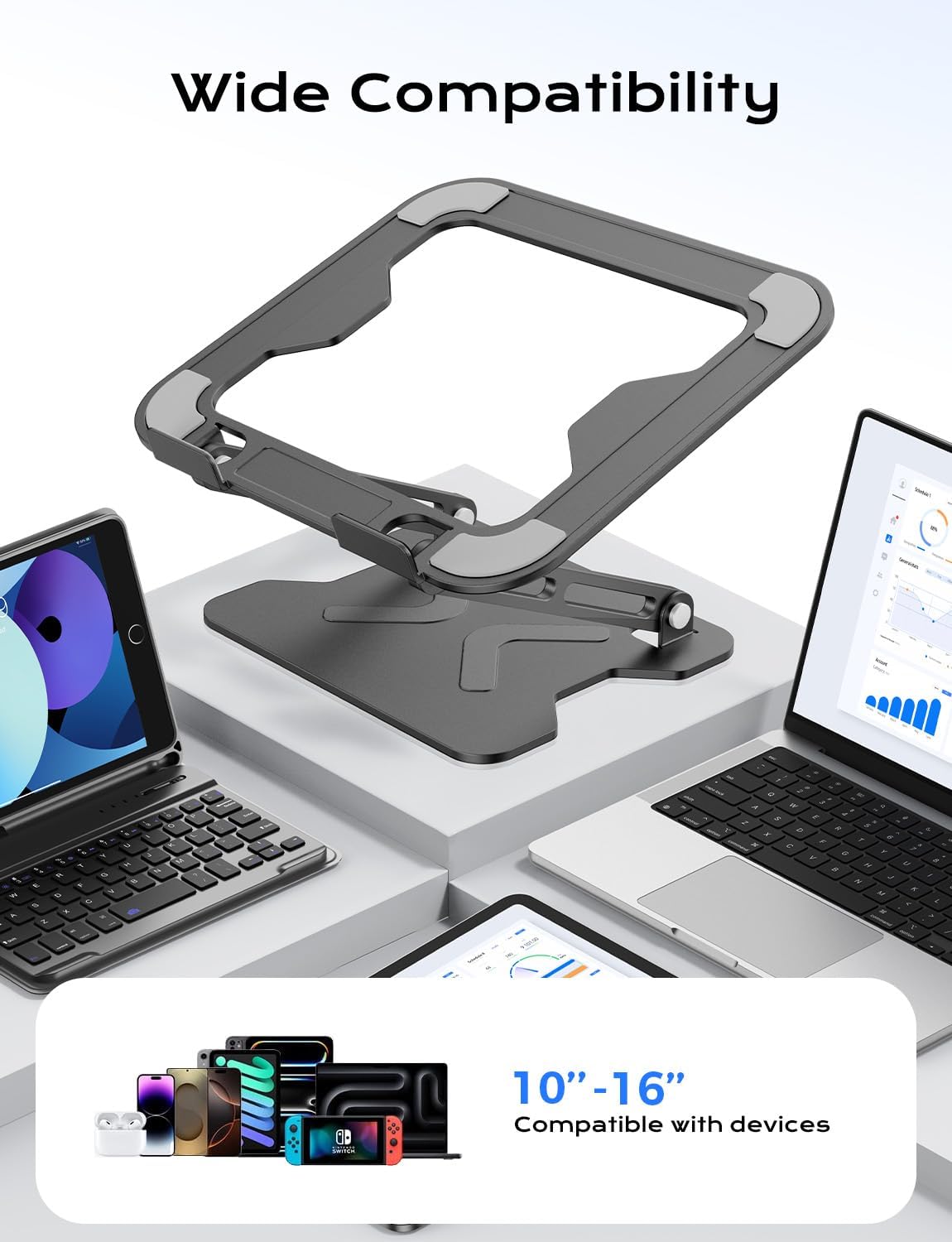 Adjustable Laptop Stand for Desk, Metal Foldable Laptop Riser, Portable Laptop Holder Mount, Ventilated Cooling Notebook Stand for MacBook Air Pro, All 10-16'' Notebooks Laptops, Space Black