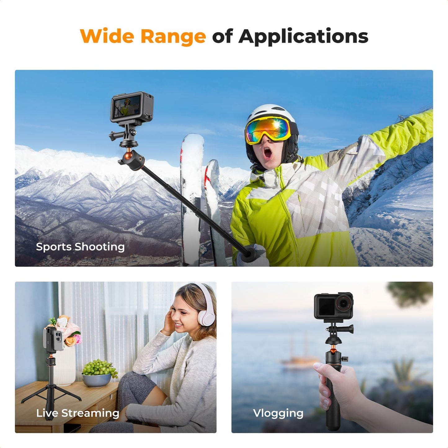 K&F Concept Selfie Stick Tripod, 60cm/23.6" Extendable Ball Head Vlog Selfie Stick Handle for GoPro Hero 13/12/11/10/9/8/7/Max DJI Osmo 360 Pocket 3 Action 5 Pro.