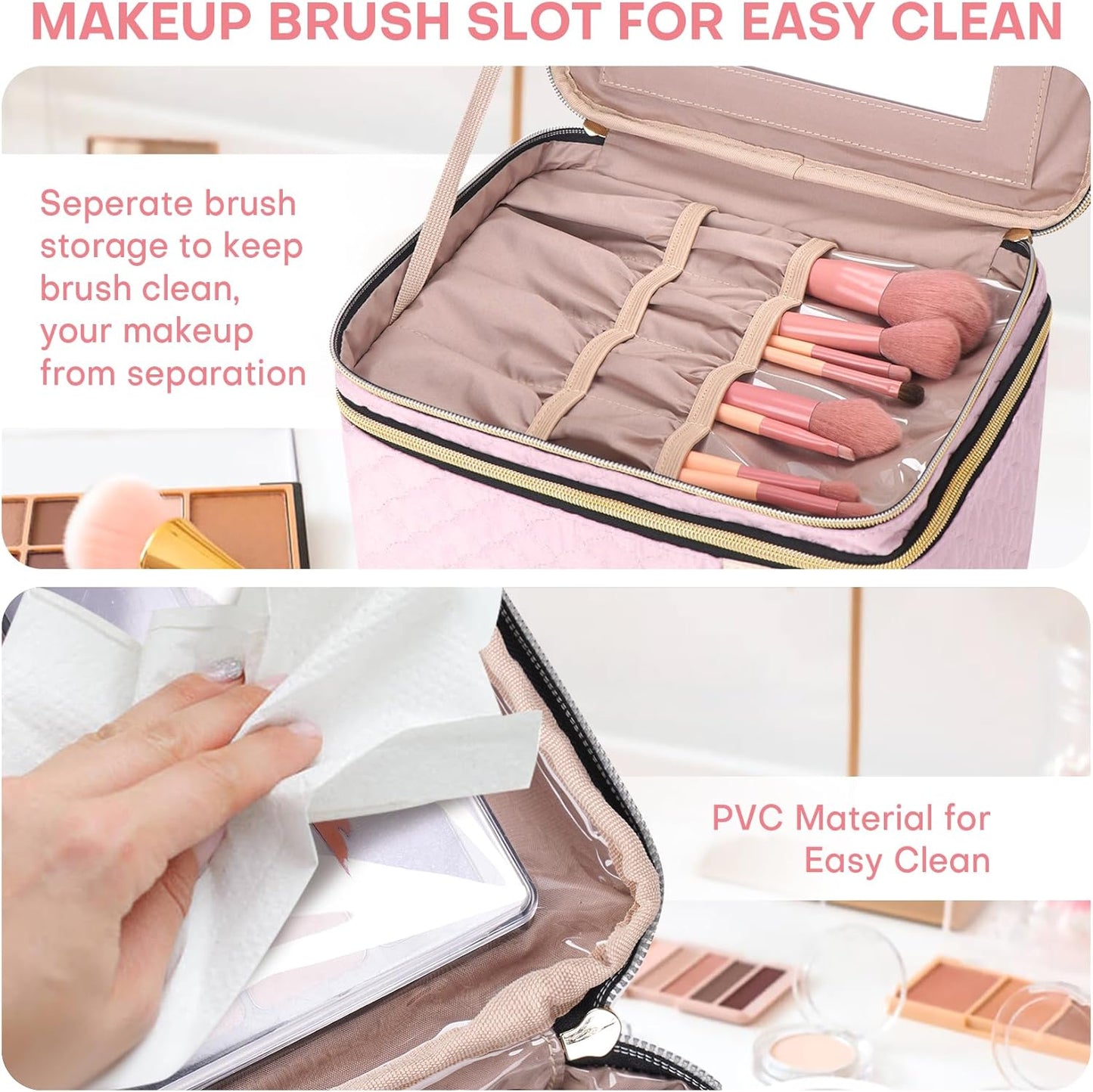 Double Layer Travel Makeup Bag Women, Cosmetic Organizer Case, Travel Essentials Accessories with Shoulder Strap for Bottles, Brushes, Conditioner, Skin Care Products, Pink