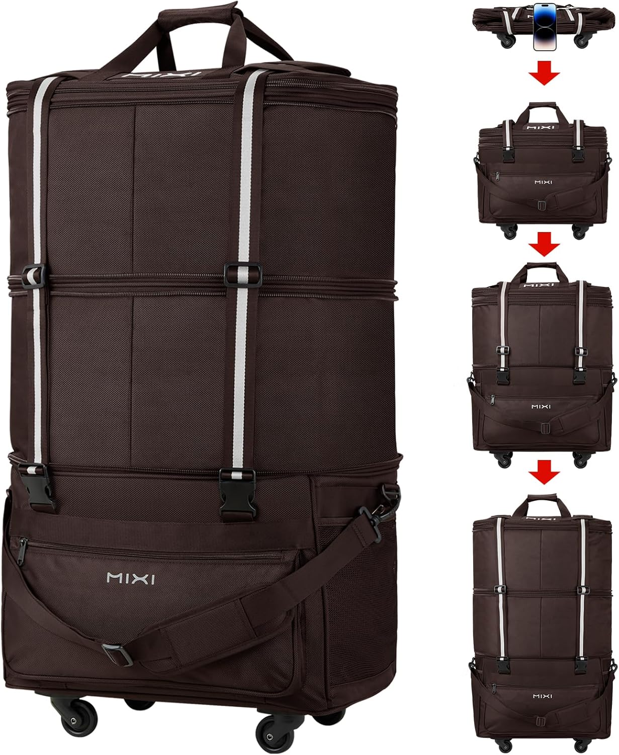 mixi Travel Bag with Wheels Expandable Foldable Luggage Bag Collapsible Rolling Travel Duffel Bags Large Capacity Suitcase for Men Women, Brown
