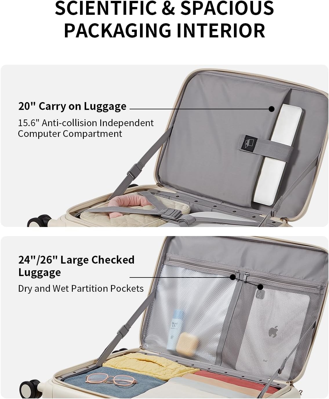 aji Expandable Top Opening Luggage Sets 2 Piece with Spinner Wheel, 20/26 Inch Luggage with TSA Lock, Lightweight PC Hard Shell Travel Luggage Suitcases for Men Women, 2-Piece Set, Coconut White