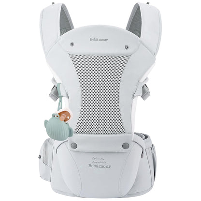 Bebamour Baby Carrier with Hip Seat,All-Position Breathable Mesh Hip Seat & Carrier 0-36Months with Head Hood, 3 PCS Teething Pads, Waist Extender,Storage Bag & Pacifier Case (Grey)