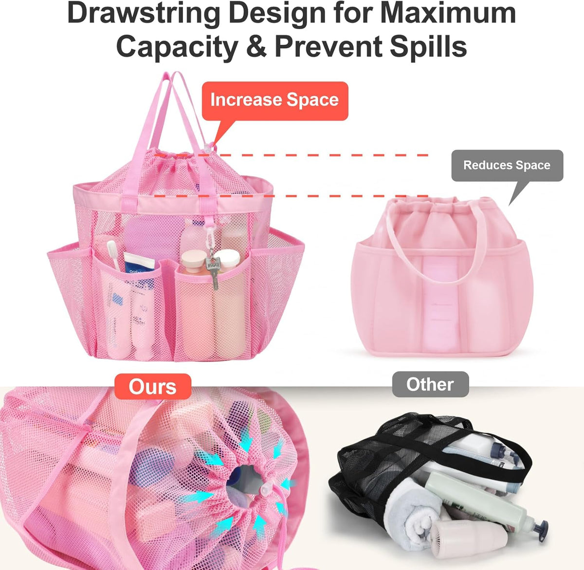 F-color Mesh Shower Caddy Portable with Drawstring - Upgrade Deeper 7 Pockets Dorm Room Essentials for Guys Girls with S Hook, Shower Bag Basket Tote for College Camping Toiletry Bathroom, Pink