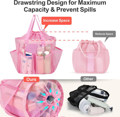 F-color Mesh Shower Caddy Portable with Drawstring - Upgrade Deeper 7 Pockets Dorm Room Essentials for Guys Girls with S Hook, Shower Bag Basket Tote for College Camping Toiletry Bathroom, Pink