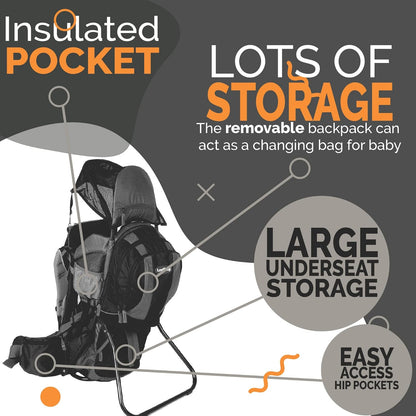 2-in 1 Baby Backpack Carrier - Ergonomic Toddler Hiking/Baby Hiking Backpack Carrier with Removable Bag, Diaper Change Pad, Insulated Pocket + Rain and Sun Hood to Protect Your Child