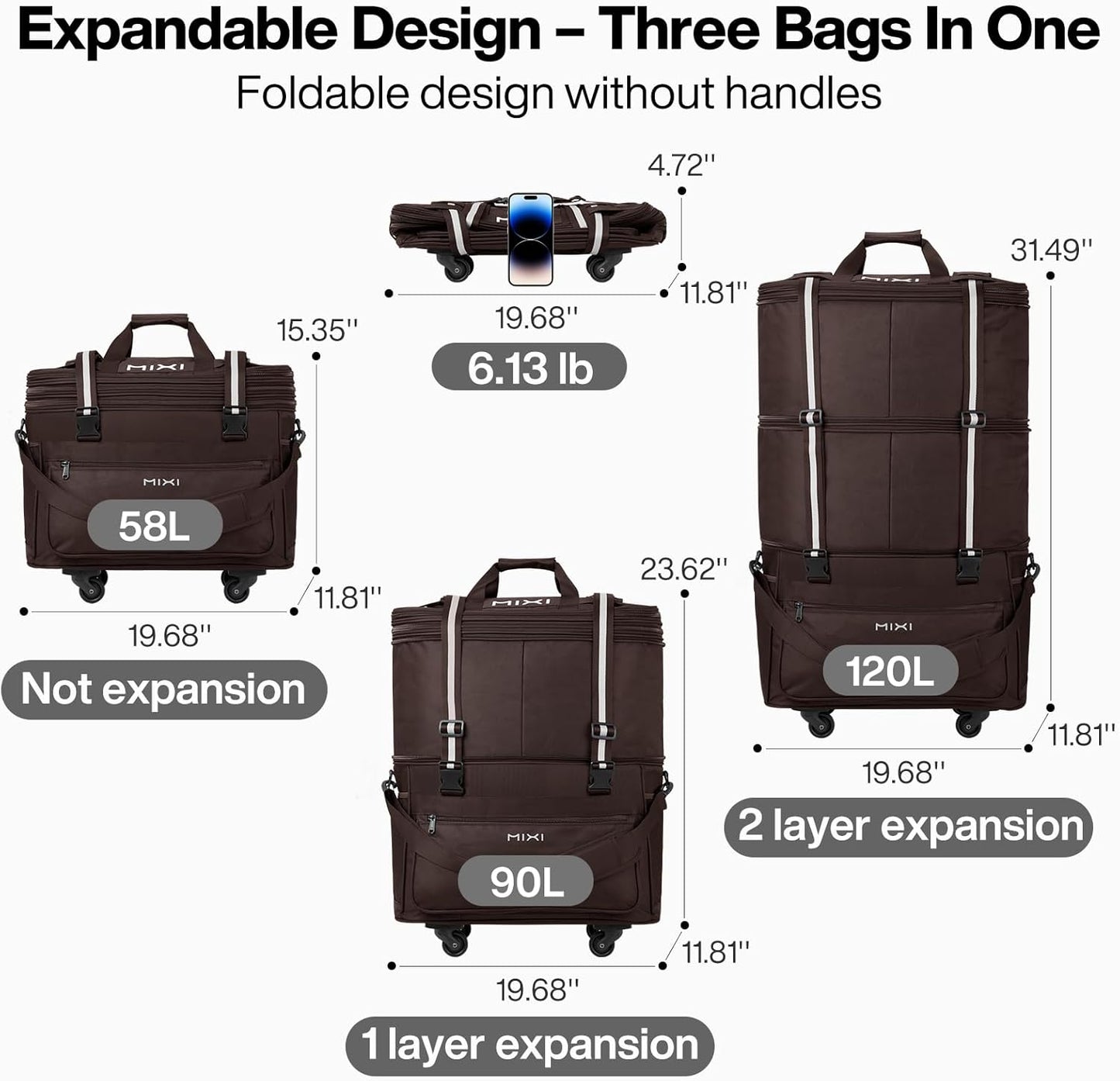 mixi Travel Bag with Wheels Expandable Foldable Luggage Bag Collapsible Rolling Travel Duffel Bags Large Capacity Suitcase for Men Women, Brown