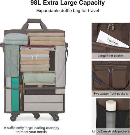 MILADA Expandable Luggage Bags for Travel Foldable Suitcase with Wheels Collapsible Rolling Travel Duffle Bag Lightweight Large Suitcases without Telescoping Handle, Coffee