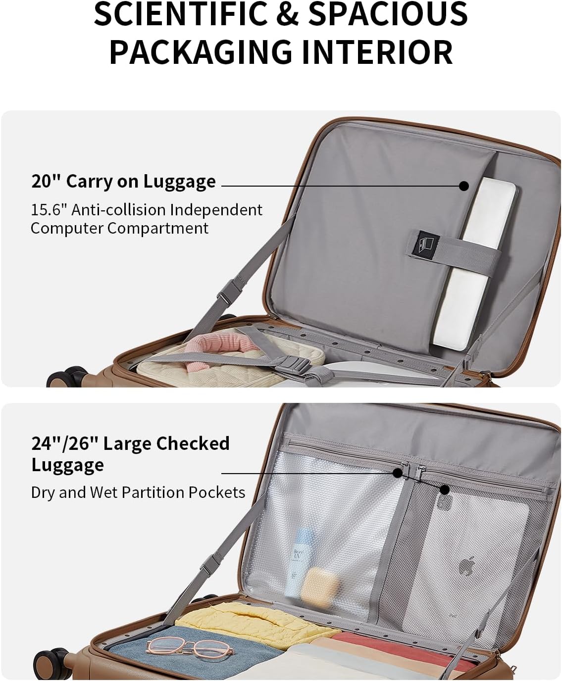 aji Expandable Top Opening Luggage Sets 2 Piece with Spinner Wheel, 20/26 Inch Luggage with TSA Lock, Lightweight PC Hard Shell Travel Luggage Suitcases for Men Women, 2-Piece Set, Chocolate Brown