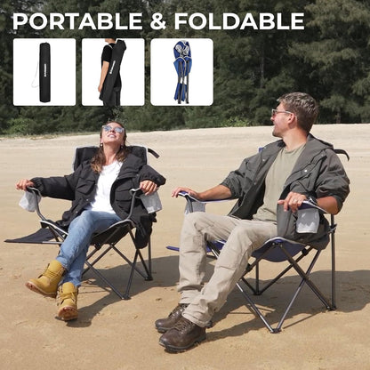 FUNDANGO Folding Camping Chair with Table, Portable Heavy Duty Outdoor Padded Chairs for Adults with Cup Holders for Lawn Beach Picnic Outside Travel (Blue)
