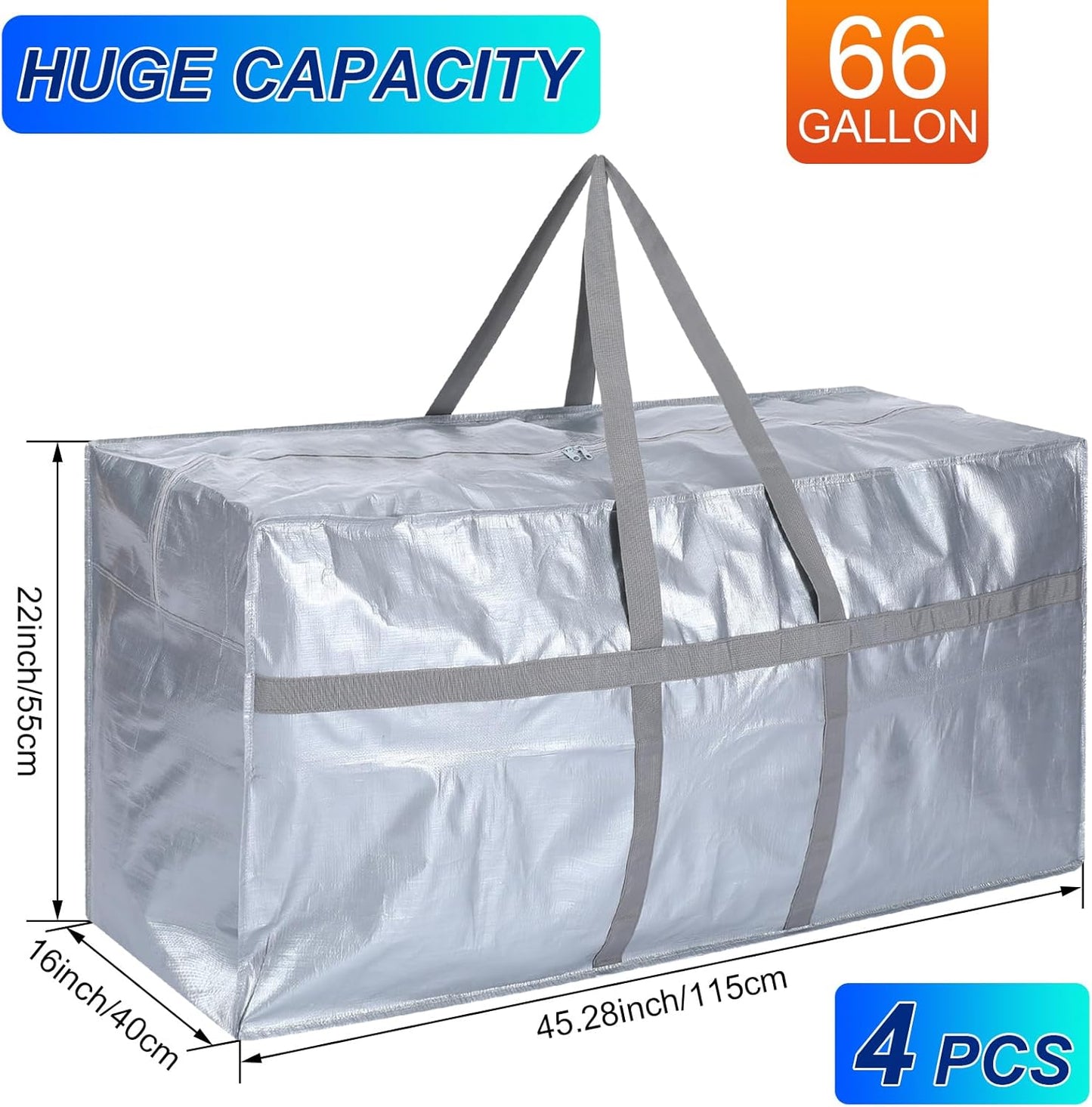 4 Pcs 66 Gallon Large Moving Bags with Zipper and Handles Foldable Storage Duffle Bags Heavy Duty Extra Large Totes for College Dorm Travel Clothes Blankets Bedding Moving (Silver)