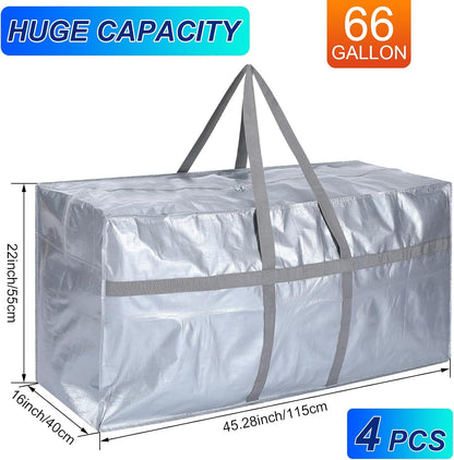 4 Pcs 66 Gallon Large Moving Bags with Zipper and Handles Foldable Storage Duffle Bags Heavy Duty Extra Large Totes for College Dorm Travel Clothes Blankets Bedding Moving (Silver)