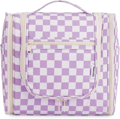 Narwey Checked Hanging Travel Toiletry Bag for Women, Travel Bag for Toiletries, Makeup Bag Organizer Cosmetic Bags Make Up Bags for Women (Purple Checkerboard)