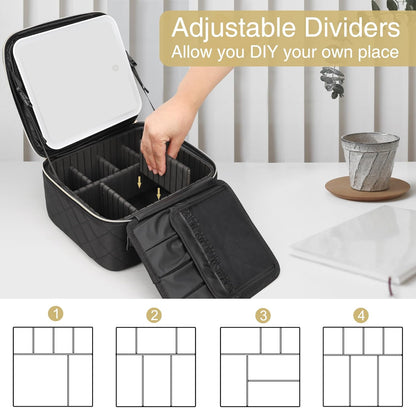 Relavel Travel Makeup Bag With Light Up Mirror, Cosmetic Train Case with LED Mirror, Professional Makeup Case for Makeup Artist, Waterproof Makeup Brush Holder Organizer Storage, Rhombus Black