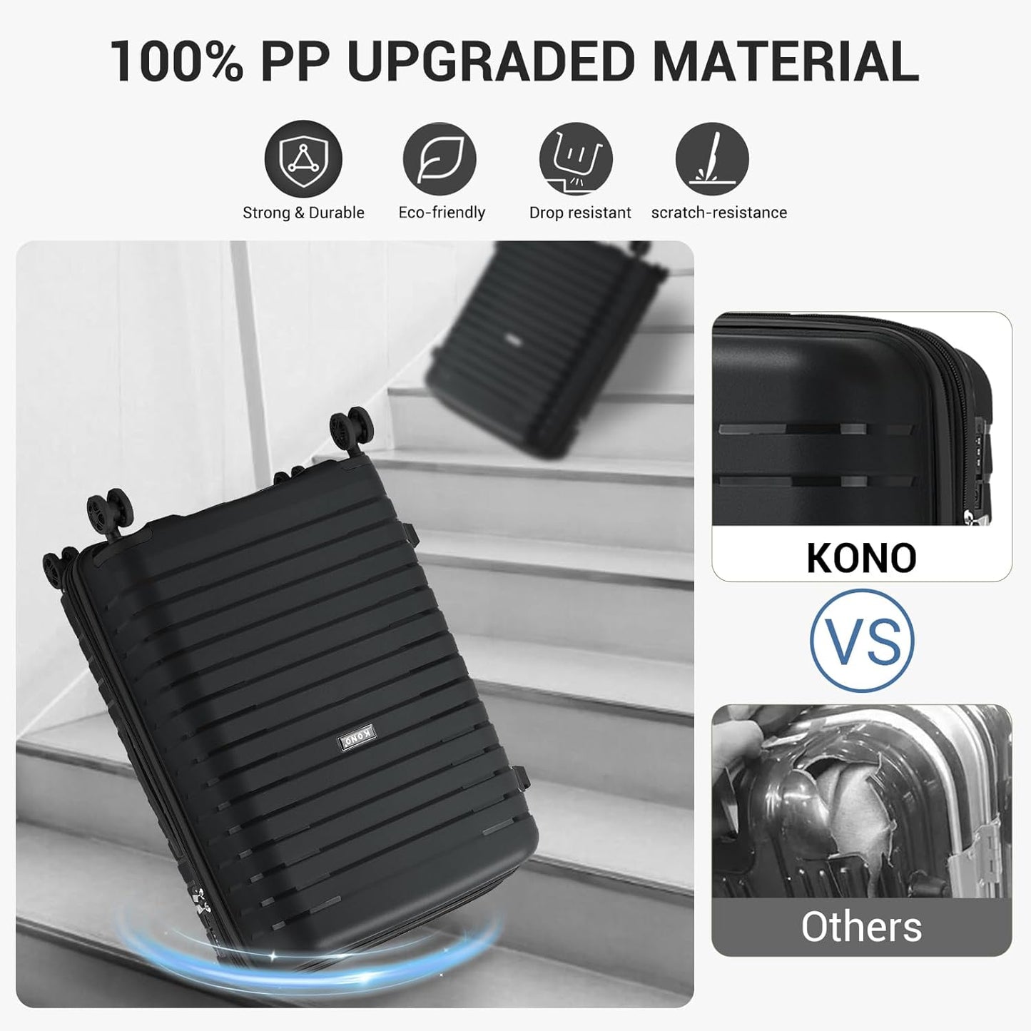 Kono 20 Inch Expandable Carry On Luggage with Spinner Wheels, Durable Hardside Luggage with Hidden Cup Holder, Lightweight Hard Shell Carry On Suitcase Airline Approved with TSA Lock(Black)