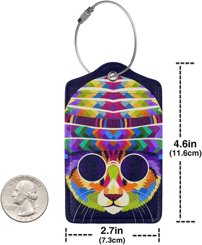 Artistic Cat with Glasses Leather Luggage Tags, 2 Pack, Multicolor, 4.6 X 2.7 Inch, Waterproof, Privacy Flap