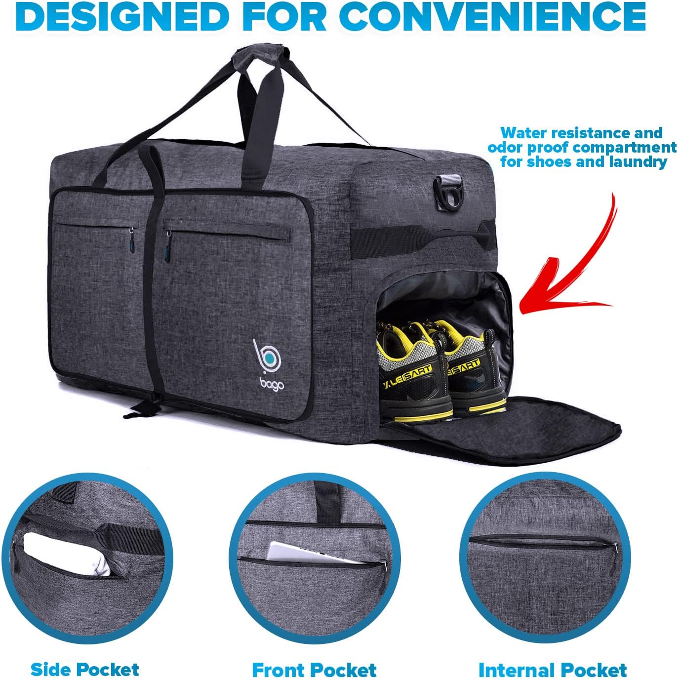 Bago Big XXL Foldable Duffel Bags for Traveling Women & Men - 140L Packable Duffle Bag for Travel with Shoe Compartment - Water Repellant, Heavy Duty, Lightweight Folding & Collapsible (SnowBlack)