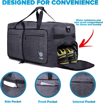 Bago Large Foldable Duffel Bags for Traveling Women & Men - 120L Packable Duffle Bag for Travel with Shoe Compartment - Water Repellant, Heavy Duty, Lightweight Folding & Collapsible (SnowBlack)