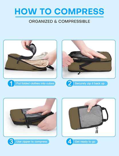 4 PCS Set Compression Packing Cubes for Travel, Lightweight Packaging Organizer Bags for Carry On Space Saving, Travel Essentials Cubes for Suitcase Backpack, Brown