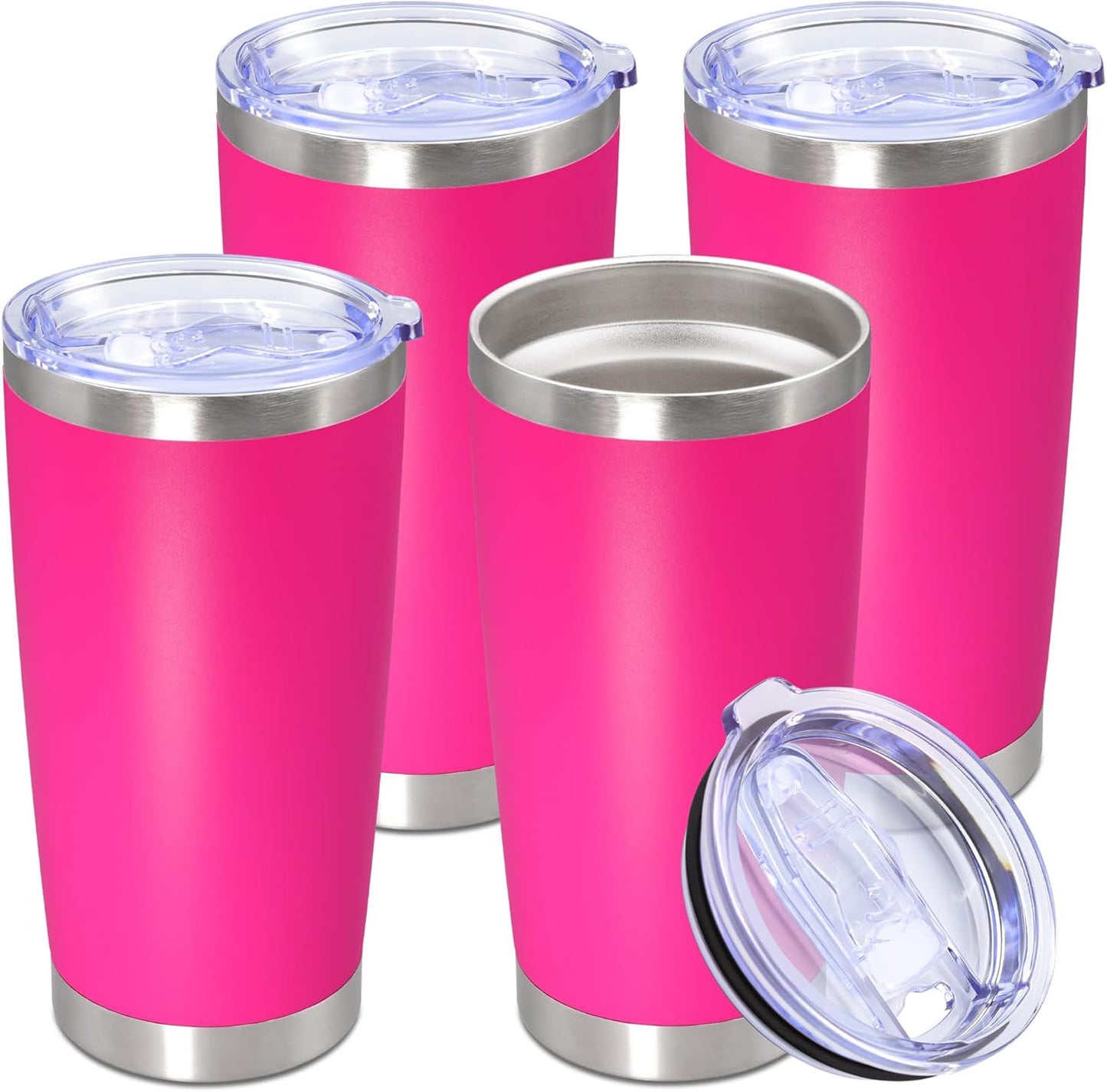 20oz Tumbler Stainless Steel Tumbler Cup with Lid Vacuum Insulated Double Wall Travel Mug, Durable Powder Coated Travel Coffee Tumbler Mug for Hot & Cold Drinks, Hot Pink,4 Pack