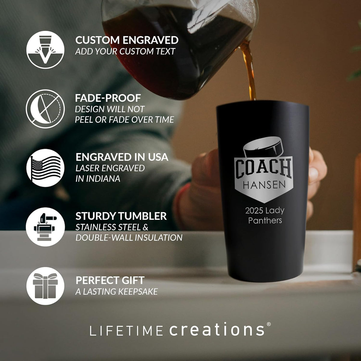 Lifetime Creations Personalized Hockey Coach Tumbler: Custom Hockey Coach Gift, Coaches Coffee Travel Mug from Team, Insulated Engraved Stainless Steel 20 Ounce Cup (Matte Black)