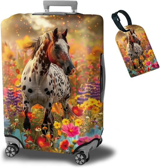 Luggage Cover Suitcase Protector + Tag, Spotted Horse Garden Travel Suitcase Cover for 30 inch Luggage (XL) with Concealed Zipper Washable Elastic Cloth Dustproof Anti-Scratch