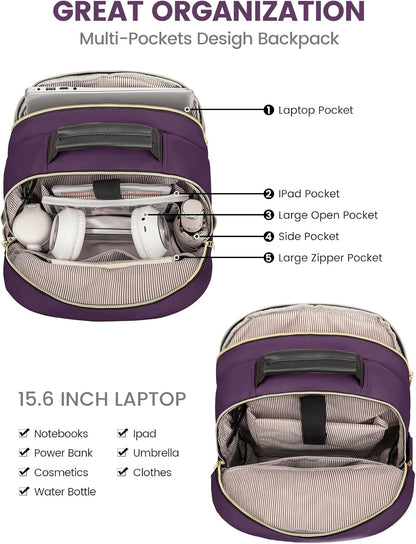 LOVEVOOK Laptop Backpack Purse for Women, Work Travel Computer Bags, College School Backpack for Student Girl, Quilted Casual Daypack with USB Port, Fit 15.6 Inch Laptop, Deep Plum