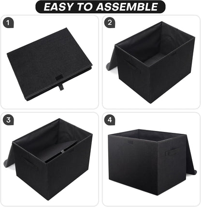 Large 22 Quart Linen Fabric Foldable Storage Bin Cube Organizer Basket with Flip-Top Lid & Handles, Clothes Blanket Box for Home, Office, Closet, Black, 4 Pack 14.6 x 9.5 x 9.5”