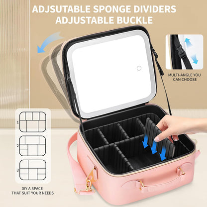 Travel Makeup Bag Cosmetic Organizer Bag with Lighted Mirror, Waterproof Makeup Bag with Light Up Mirror, Travel Makeup Case for Cosmetic Brush Holder Storage, Large Toiletry Bag Women Gift