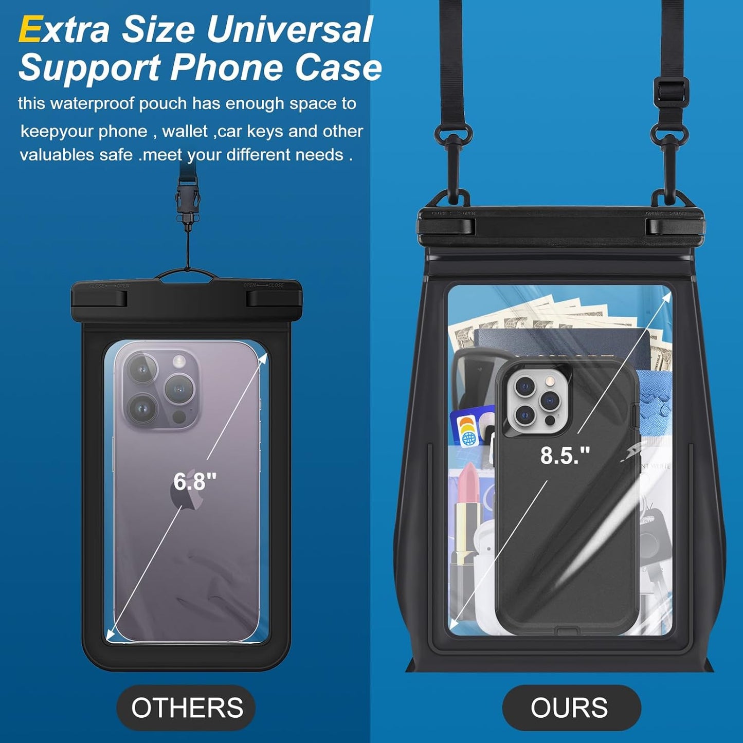 Large Waterproof Phone Pouch Floating, Waterproof Phone Case for iPhone 15 14 Pro Max 13 Plus 12 11 X XS XR Samsung S23 S22 up to 8.5'', Water Proof Phone Dry Bag for Swimming Kayaking Black