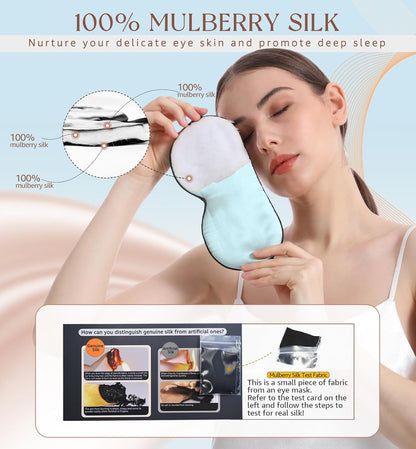 HiRui Silk Sleep Mask, 100% Natural Mulberry Silk of Double-Sided & Inner-Filling, Ultra-Smooth Soft, Adjustable Strap, Blocks Light for Night Sleeping, Travel, Office Naps (Light Blue)