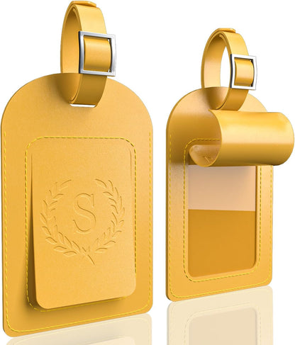 FESAS 3 Pack A-Z Alphabet Luggage Tags - Faux Leather Suitcase Tags with Privacy Cover & Replaceable Card - Initial Letter Monogram for Bags (Yellow)