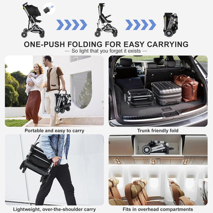 Travel Stroller for Airplane Ultra Compact Umbrella Stroller One-Handed Folding Design Overhead Friendly Lightweight Aluminum Alloy Frame