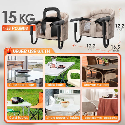 Hook On Chair with Removable Dining Tray,Portable Hook-On Chairs with Storage Bag, for Home and Travel(Khaki)