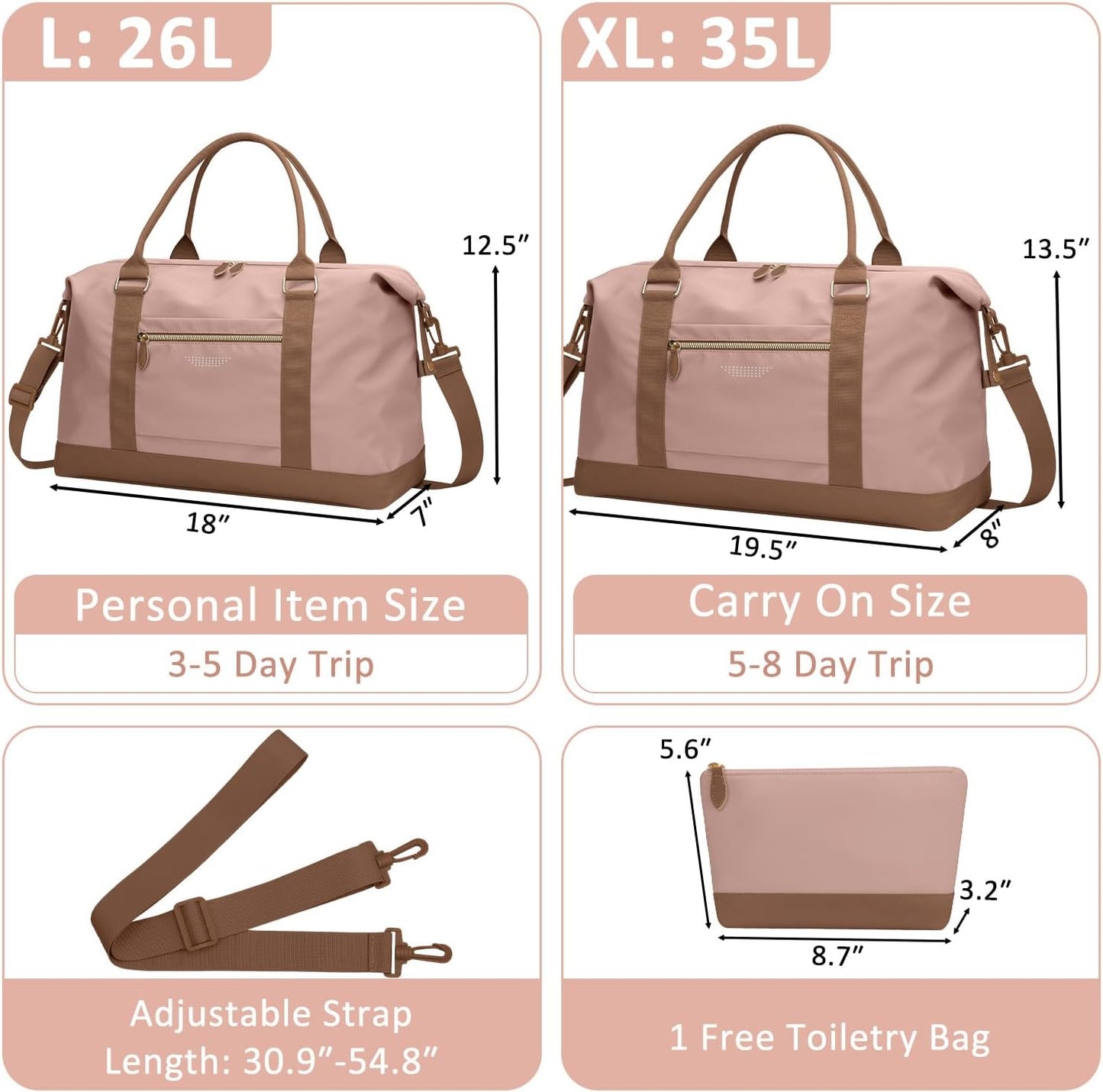 Travel Duffle Bag for Women, Weekender Bags, Hospital Bag for Labor Delivery, Lightweight Tote Duffel Overnight Bag with Luggage Sleeve, Airplane Travel Bags with Toiletry Bag, X-Large,Pink